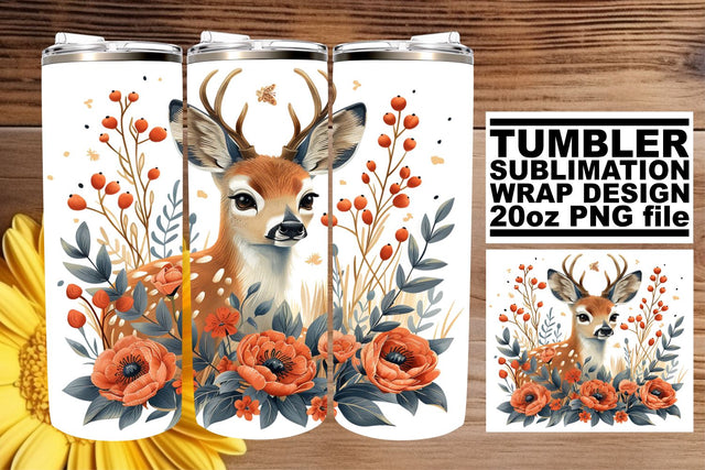 Charming Deer & Flowers Tumbler Wrap Sublimation Design 20oz Sublimation afrosvg 