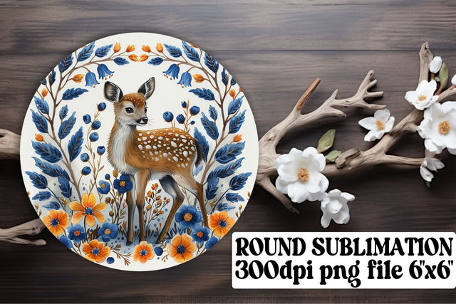 Charming Deer with Floral Keychain Round Design Watercolor Art Sublimation afrosvg 