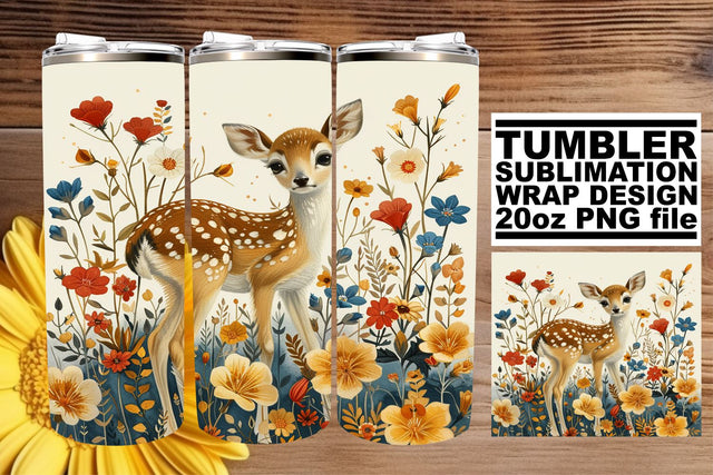 Charming Deer with Floral Tumbler Wrap 20oz Watercolor Art Sublimation afrosvg 