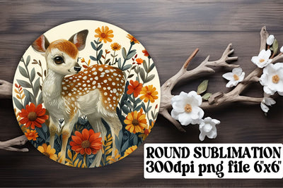 Charming Deer with Flowers Keychain Round Design Watercolor Sublimation afrosvg 