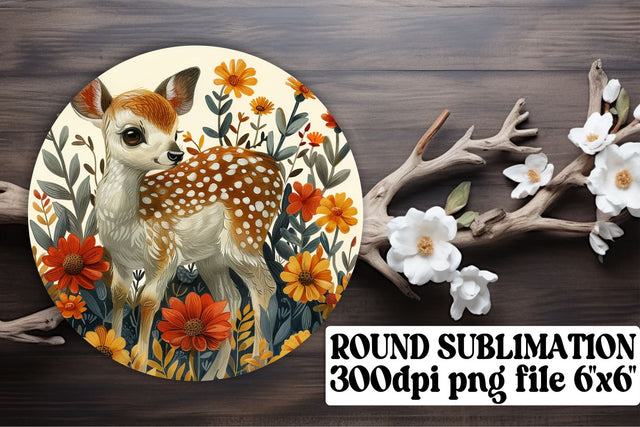 Charming Deer with Flowers Keychain Round Design Watercolor Sublimation afrosvg 