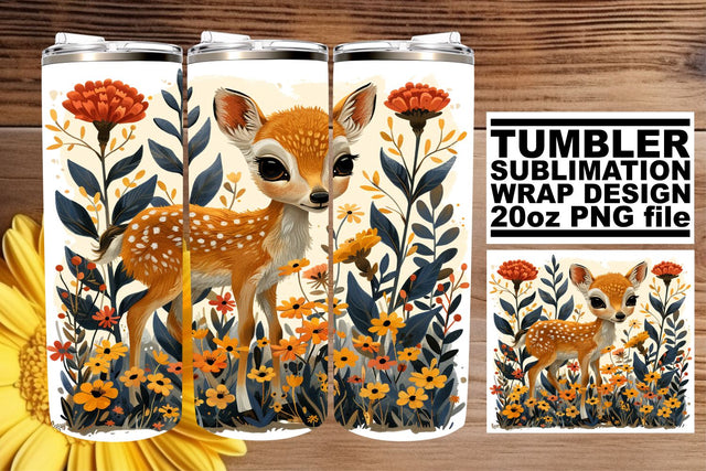 Charming Deer with Flowers Tumbler Wrap Sublimation Design 20oz Sublimation afrosvg 
