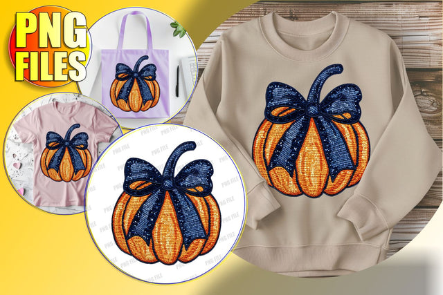 Charming Fall Pumpkin with Bow Sequin PNG Design Sublimation afrosvg 