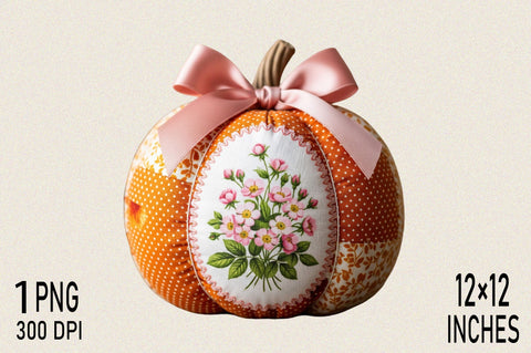 Charming quilted pumpkin, pink bow PNG Sublimation Clipart Sublimation SVGArt 