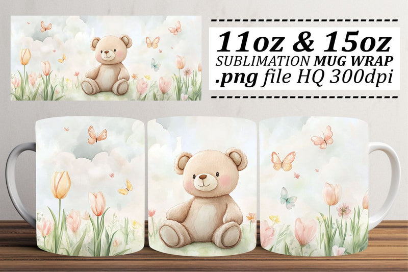 Charming Watercolor Bear Mug Wrap 11oz Sublimation afrosvg 