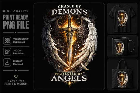 Chased By Demons Protected By Angels PNG | Christian Faith Sublimation Design Digital Download SVG BillahCrafts 
