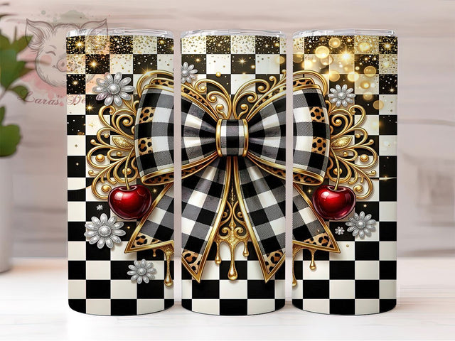 Checkered Bow Cherry Coquette 20oz Tumbler, Cherry Coquette, Gingham Pattern, Leopard Accent, Gold Trim, Skinny Tumbler, Sublimation PNG Sublimation Lara' s Designs 