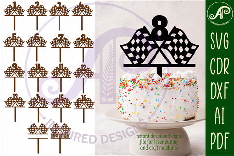 Checkered flag number cake toppers, 18 tops SVG APInspireddesigns 