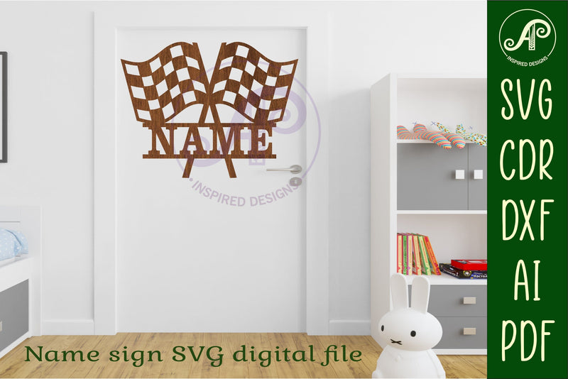 Checkered flags design name sign svg laser cut template - So Fontsy