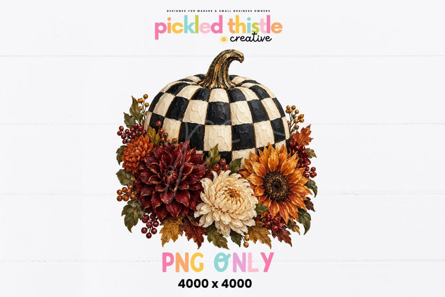 Checkered Pumpkin PNG, Fall Floral Checkerboard Pumpkin Sublimation Pickled Thistle Creative 