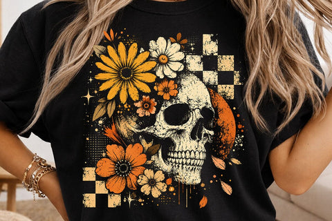 Checkered Skeleton Halloween PNG, Floral Skull, Preppy Spooky Season Png SVG DesignDestine 