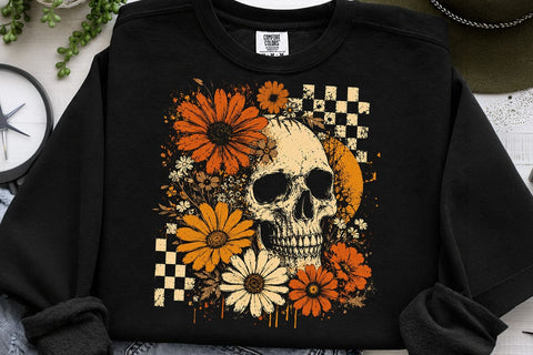 Checkered Skeleton Halloween PNG, Floral Skull, Preppy Spooky Season Png SVG DesignDestine 