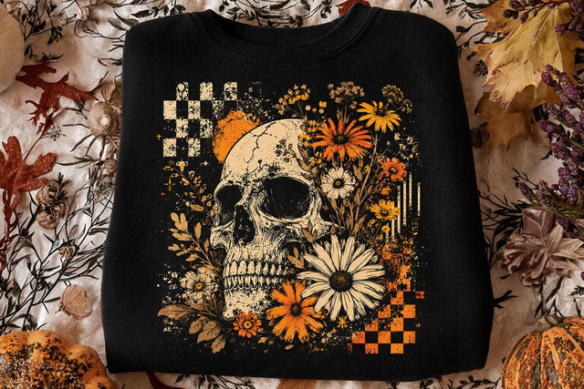 Checkered Skeleton Halloween PNG, Floral Skull, Preppy Spooky Season Png SVG DesignDestine 
