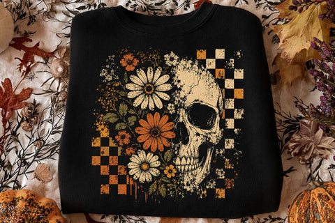 Checkered Skeleton Halloween PNG, Floral Skull, Preppy Spooky Season Png SVG DesignDestine 