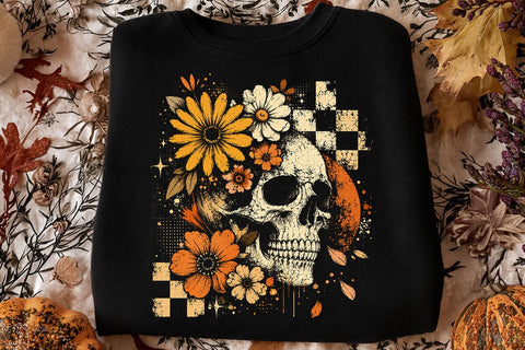 Checkered Skeleton Halloween PNG, Floral Skull, Preppy Spooky Season Png SVG DesignDestine 