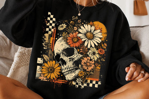 Checkered Skeleton Halloween PNG, Floral Skull, Preppy Spooky Season Png SVG DesignDestine 