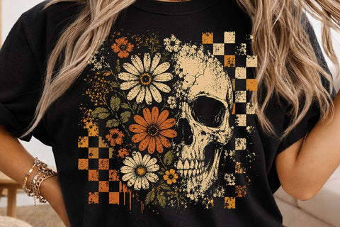 Checkered Skeleton Halloween PNG, Floral Skull, Preppy Spooky Season Png SVG DesignDestine 