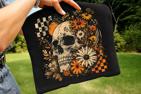 Checkered Skeleton Halloween PNG, Floral Skull, Preppy Spooky Season Png SVG DesignDestine 