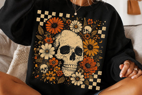 Checkered Skeleton Halloween PNG, Floral Skull, Preppy Spooky Season Png SVG DesignDestine 