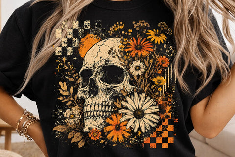 Checkered Skeleton Halloween PNG, Floral Skull, Preppy Spooky Season Png SVG DesignDestine 