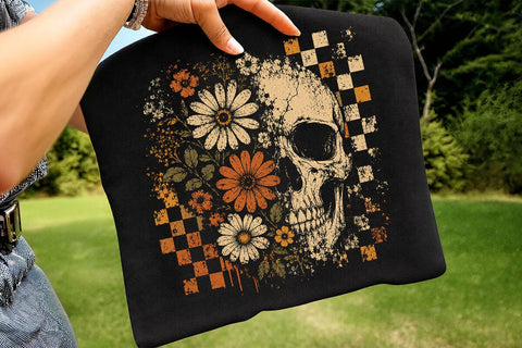 Checkered Skeleton Halloween PNG, Floral Skull, Preppy Spooky Season Png SVG DesignDestine 