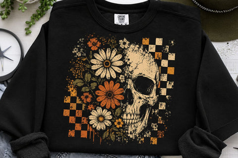 Checkered Skeleton Halloween PNG, Floral Skull, Preppy Spooky Season Png SVG DesignDestine 