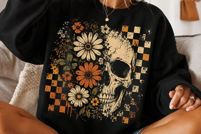 Checkered Skeleton Halloween PNG, Floral Skull, Preppy Spooky Season Png SVG DesignDestine 