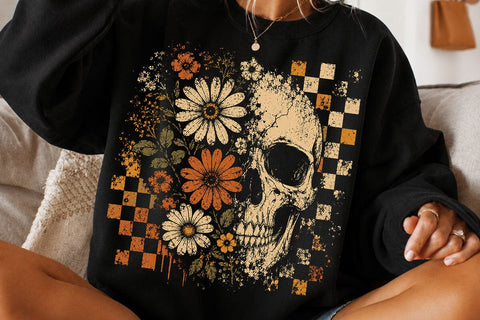 Checkered Skeleton Halloween PNG, Floral Skull, Preppy Spooky Season Png SVG DesignDestine 