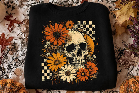 Checkered Skeleton Halloween PNG, Floral Skull, Preppy Spooky Season Png SVG DesignDestine 