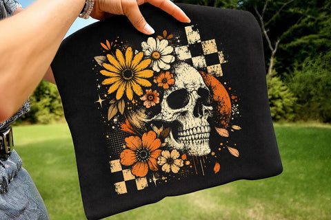 Checkered Skeleton Halloween PNG, Floral Skull, Preppy Spooky Season Png SVG DesignDestine 
