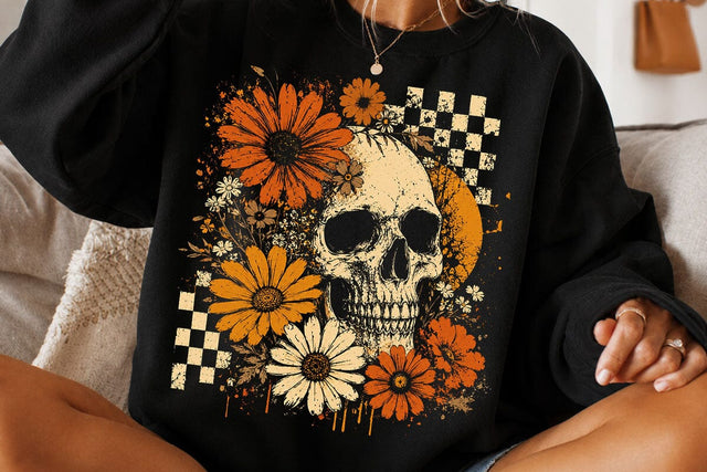 Checkered Skeleton Halloween PNG, Floral Skull, Preppy Spooky Season Png SVG DesignDestine 