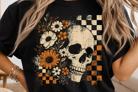 Checkered Skeleton Halloween PNG, Floral Skull, Preppy Spooky Season Png SVG DesignDestine 