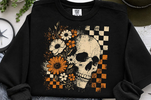 Checkered Skeleton Halloween PNG, Floral Skull, Preppy Spooky Season Png SVG DesignDestine 