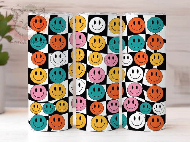 Checkered Smiley Face Retro Tumbler, Black And White Wrap, Retro Colored Design, 20Oz Tumbler Sublimation, Fun Pattern Drinkware, Happy Face Cup, Vintage Style Mug Sublimation Lara' s Designs 