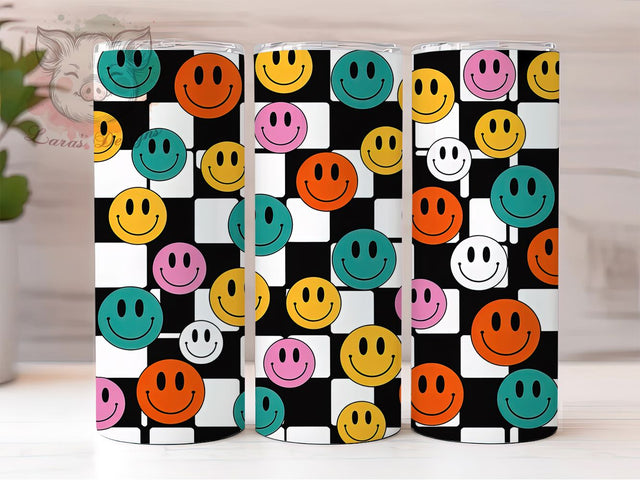 Checkered Smiley Face Retro Tumbler, Black And White Wrap, Retro Colored Design, 20Oz Tumbler Sublimation, Fun Pattern Drinkware, Happy Face Cup, Vintage Style Mug Sublimation Lara' s Designs 