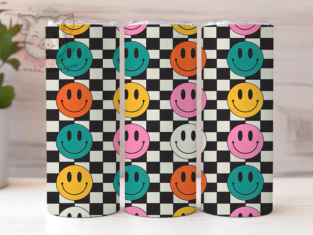 Checkered Smiley Face Retro Tumbler, Black And White Wrap, Retro Colored Design, 20Oz Tumbler Sublimation, Fun Pattern Drinkware, Happy Face Cup, Vintage Style Mug Sublimation Lara' s Designs 
