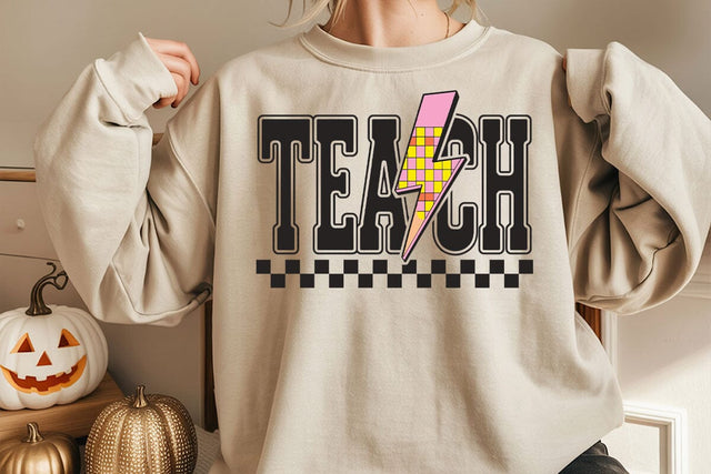 Checkered Teacher SVG PNG, Checker Back to School Pencil Lightning Bolt, Teacher Svg, Teacher Png, Teacher Shirt Design SVG DesignDestine 