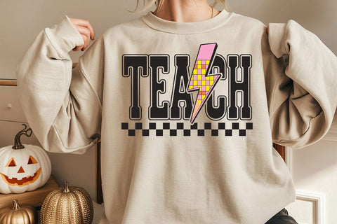 Checkered Teacher SVG PNG, Checker Back to School Pencil Lightning Bolt, Teacher Svg, Teacher Png, Teacher Shirt Design SVG DesignDestine 