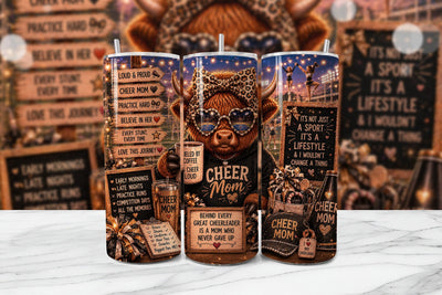 Cheer Mom Highland Cow Tumbler Wrap PNG Sublimation BijouBay 