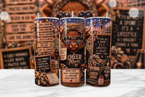 Cheer Mom Highland Cow Tumbler Wrap PNG Sublimation BijouBay 