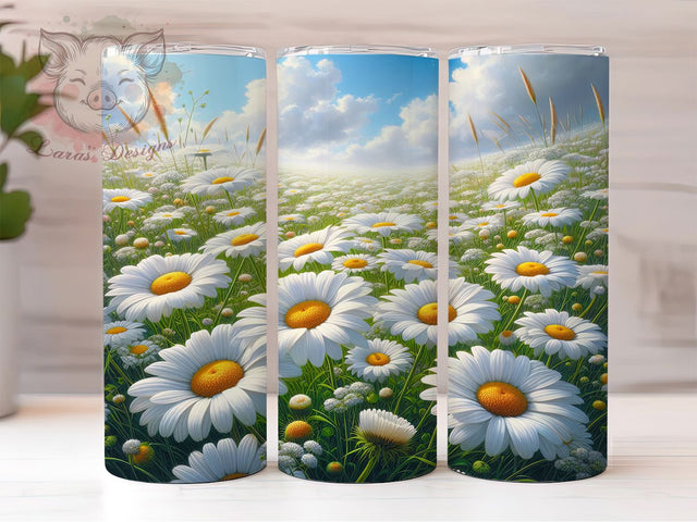 Cheerful Daisy Field Tumbler, Cheerful Floral Pattern, Bright Blossom Design, 20Oz Sublimation Wrap, Playful Daisy Art, Sunny Floral Texture, Tumbler Sublimation Sublimation Lara' s Designs 