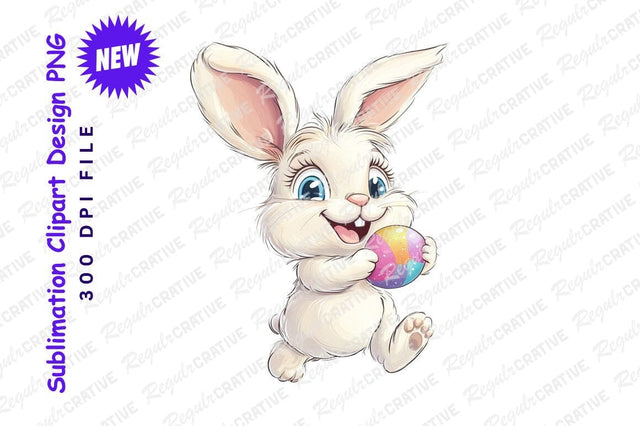 Cheerful easter bunny holding colorful egg clipart Sublimation Regulrcrative 