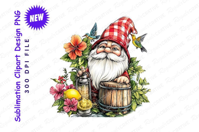 Cheerful Garden Gnome With Barrel Clipart Png Sublimation Regulrcrative 