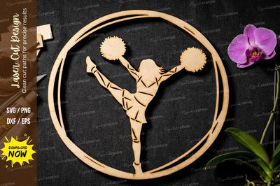 Cheerleader Silhouette Round Frame SVG Laser Cut Design | Sports Theme Pattern SVG Regulrcrative 