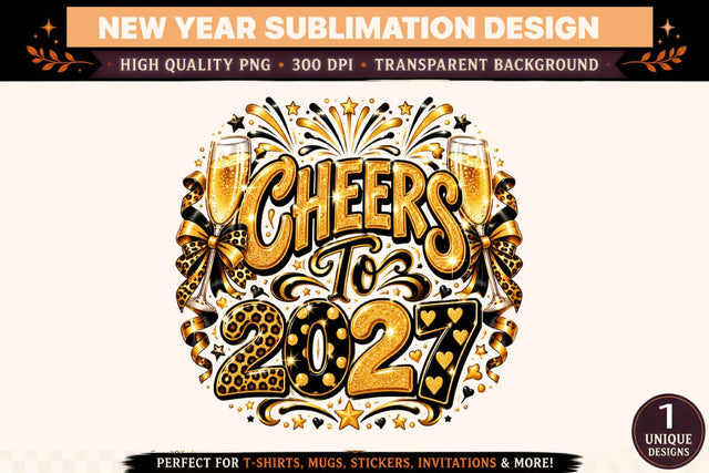 Cheers to 2027 PNG, Black Gold New Year Sublimation Design, Leopard Print Disco Party Shirt Graphic, Glitter Champagne Celebration Sublimation BlackCatsMedia 