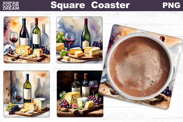 Cheese Wine Square Coaster | Wine Square Coaster Sublimation WatercolorColorDream 