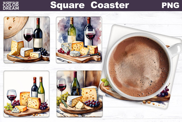 Cheese Wine Square Coaster | Wine Square Coaster Sublimation WatercolorColorDream 