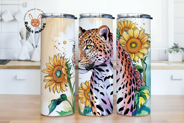 Cheetah and Sunflowers 20 oz Skinny Tumbler Wrap PNG, Wildlife Design Digital Download Sublimation Rabbitmakies 