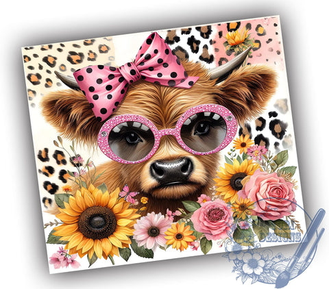 Cheetah Floral Highland Cow 20oz Skinny Tumbler, Highland Cow Tumbler Png, Straight & Tapered Tumbler Wrap, Instant Digital Download Sublimation ToriDesigns 
