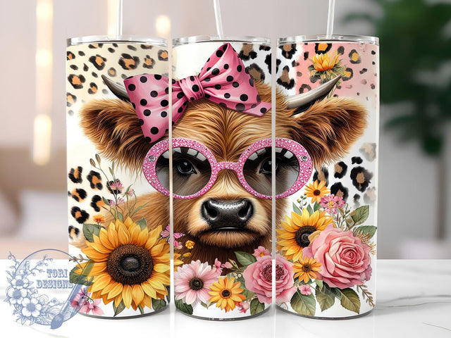 Cheetah Floral Highland Cow 20oz Skinny Tumbler, Highland Cow Tumbler Png, Straight & Tapered Tumbler Wrap, Instant Digital Download Sublimation ToriDesigns 